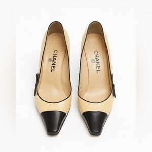 CHANEL Beige & Black Cap Toe Pumps with Box – Classic Heels 39 euro size